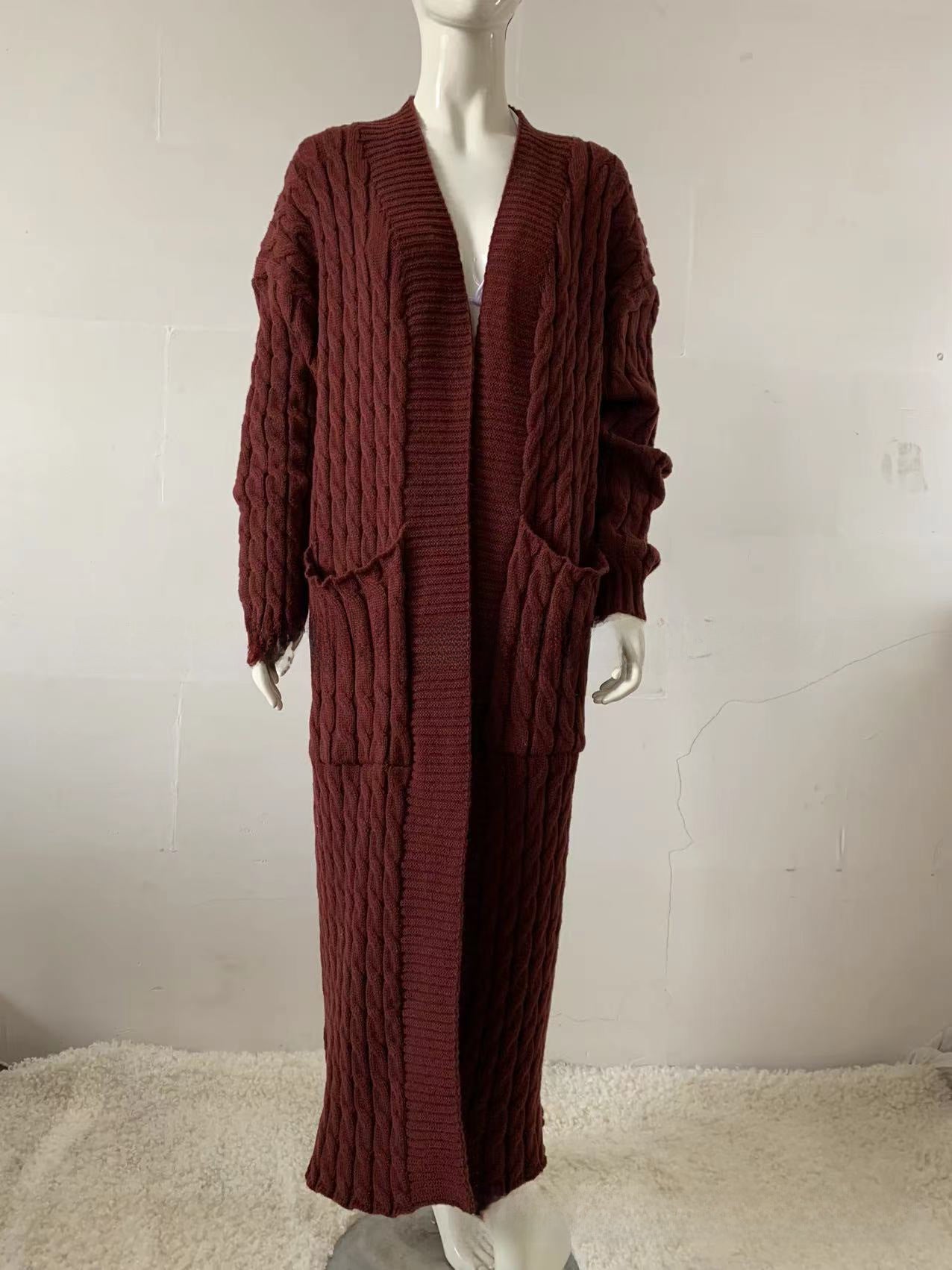 Wholesale Long Knitted Sweater Jacket Cardigan Pocket Long Sweater Thickened Jacket